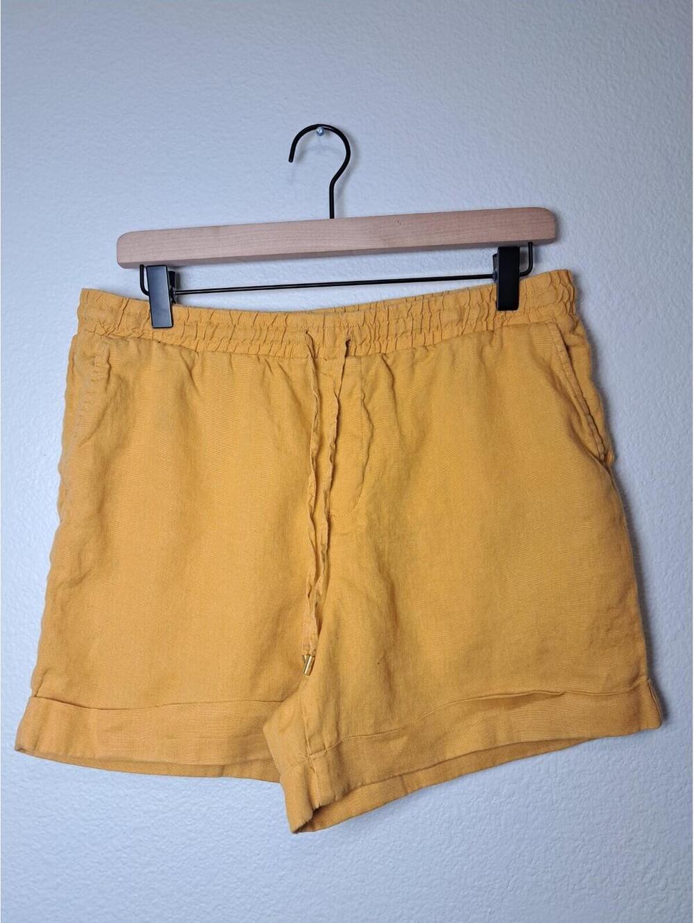 Elena Trac Womens Shorts M Yellow Linen Blend Pockets Elastic Waist